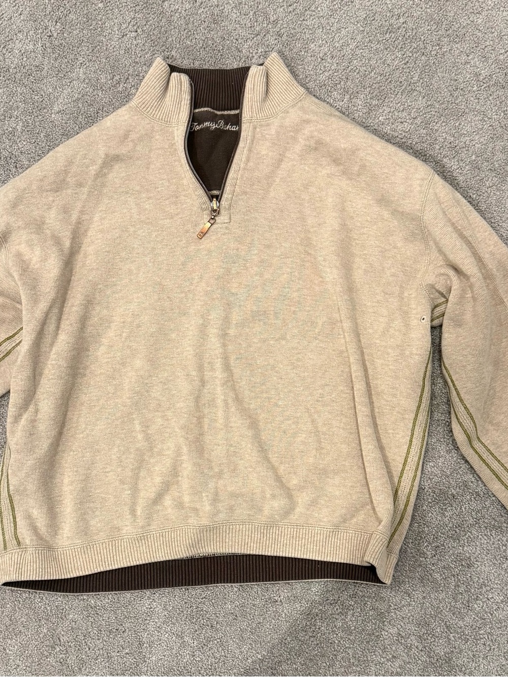 Tommy Bahama Men's Beige Quarter-Zip Pullover with Brown Trim